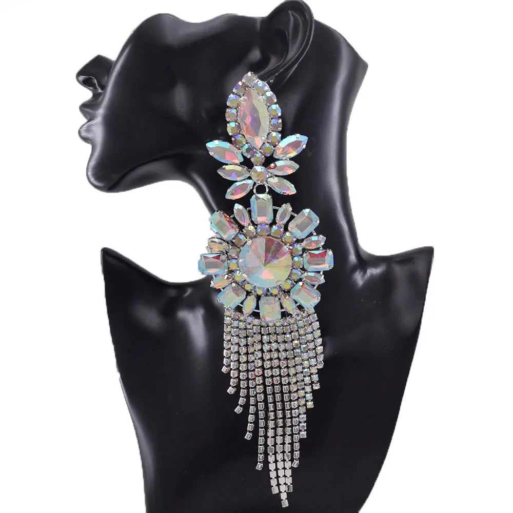 Rhinestone Tassel Drop Earrings | Jumbo 22CM | Statement