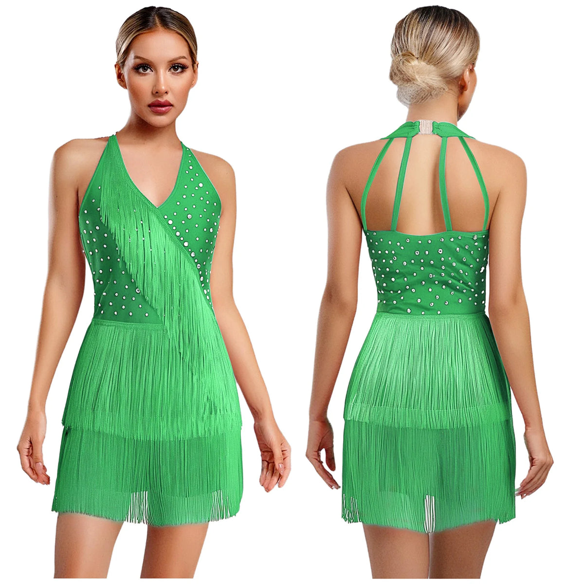 Rhinestone Fringe Dress | Halter Neck | Latin Dance