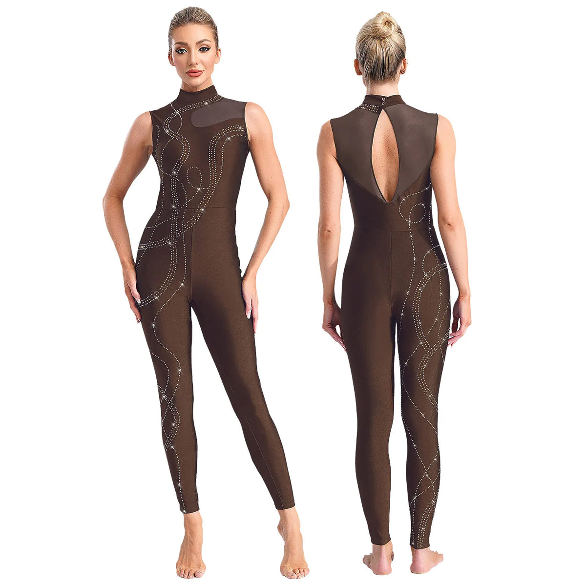 Rhinestone Full-Body Leotard | Sleeveless | Keyhole Back | Mesh