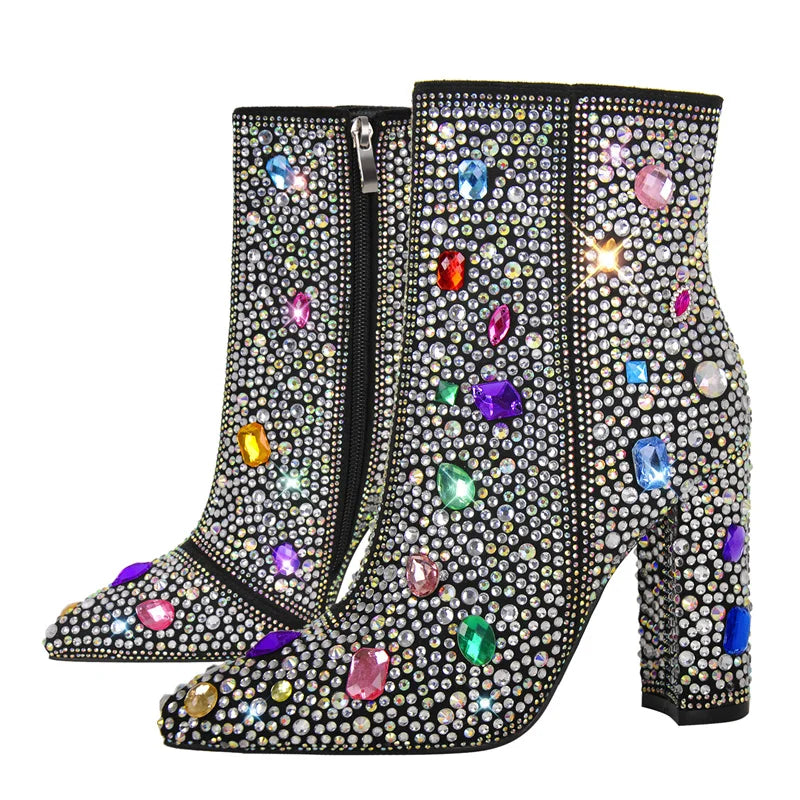Rhinestone Ankle Boots | Bling Pointed Toe | Block Heel