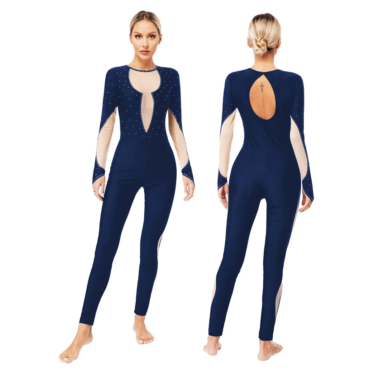 Rhinestone Bell Bottom Jumpsuit | Mesh Overlay | Long Sleeve