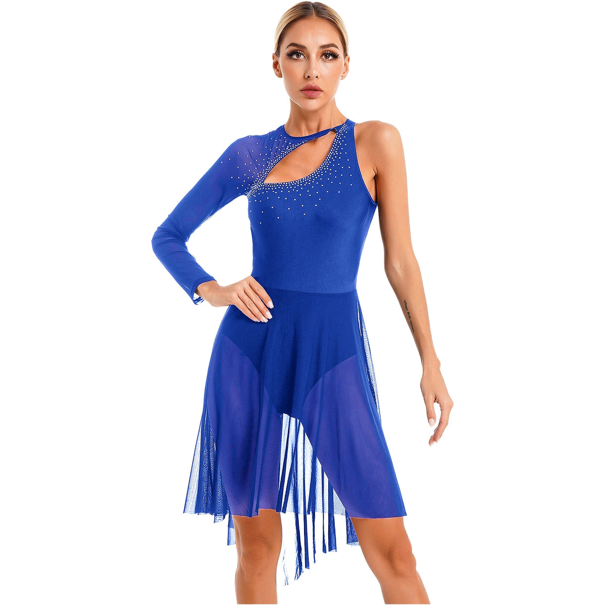 Women's Color-Block Flare Sleeve Dance Dress | Asymmetric Mesh Hem & Built-In Briefs