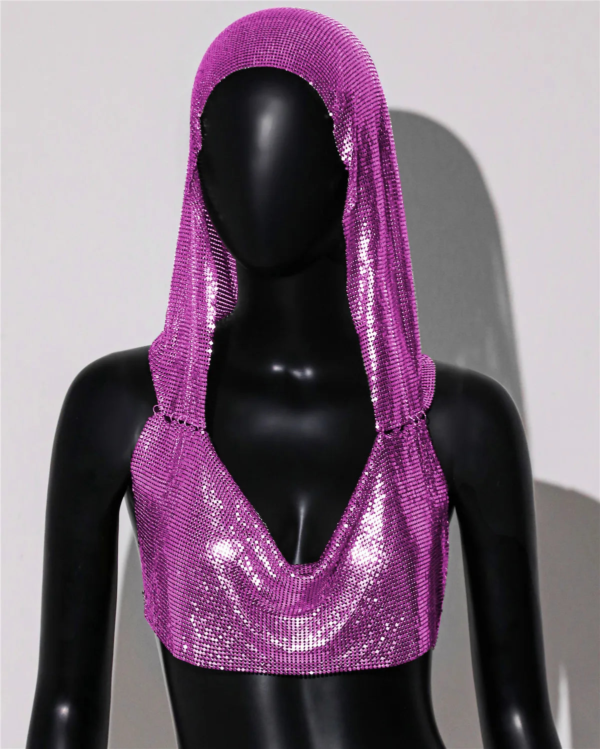 Hooded Sequin Crop Top with Deep V-Neck