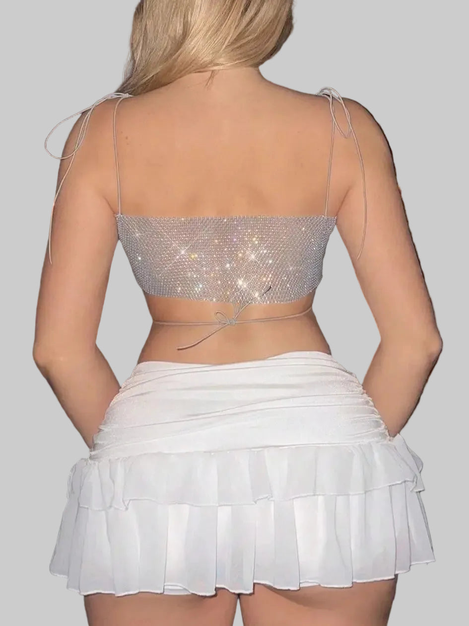 Rhinestone Mesh V-Neck Crop Top - Sheer Backless Fishnet Tank
