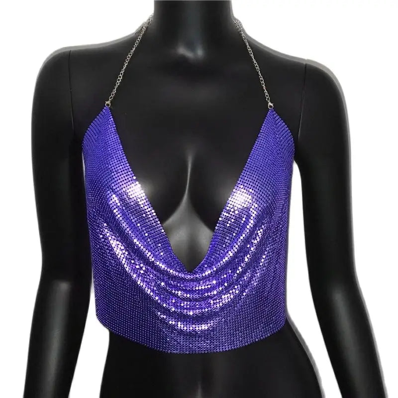 Metallic Sequin Crop Tank - Backless Performance Top