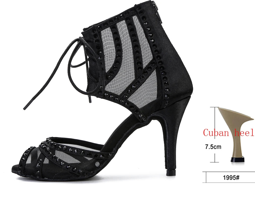 Women's Rhinestone Latin Dance Heels | Mesh & Satin | Stiletto