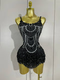 Rhinestone Pearl Tassel Bodysuit | Stage & Party | S–XL
