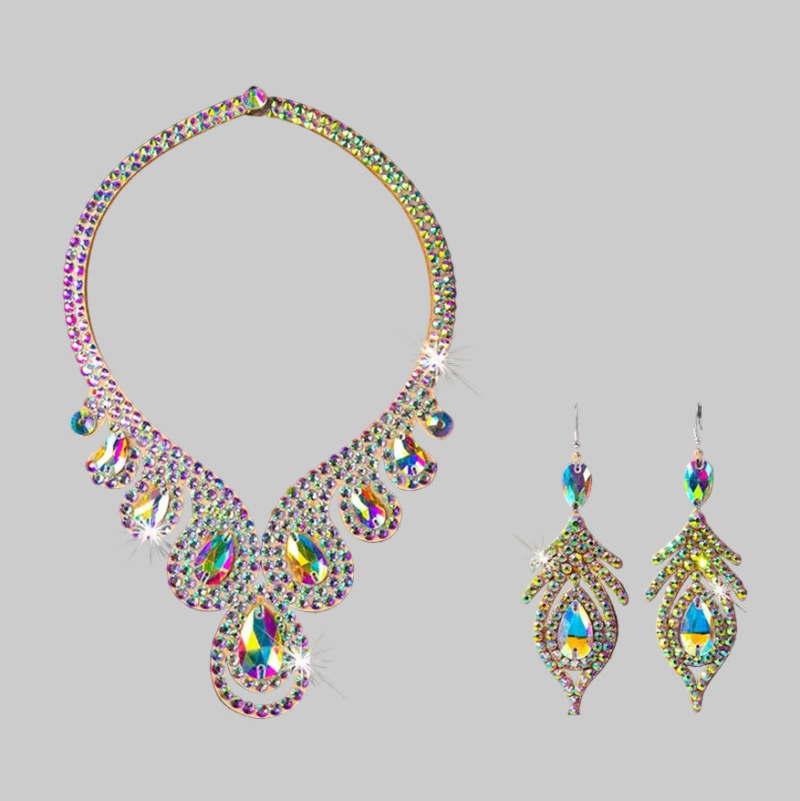 Belly Dance Rhinestone Jewelry Set - Iridescent Necklace & Earrings