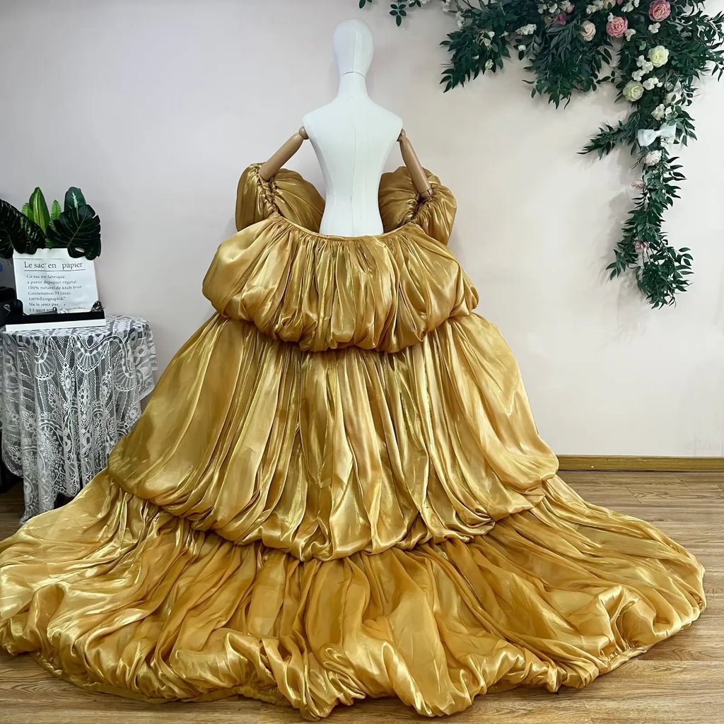Gold Puffy Cape Gown | Drag Pageant Dress | 2M Train | S–XXL