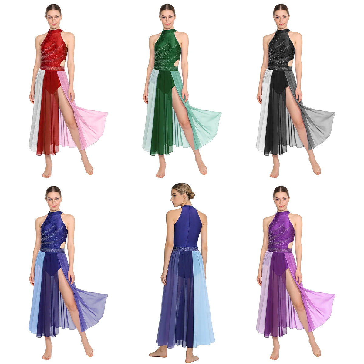 Rhinestone Lyrical Dress | Color-Block | Side Split | Mesh