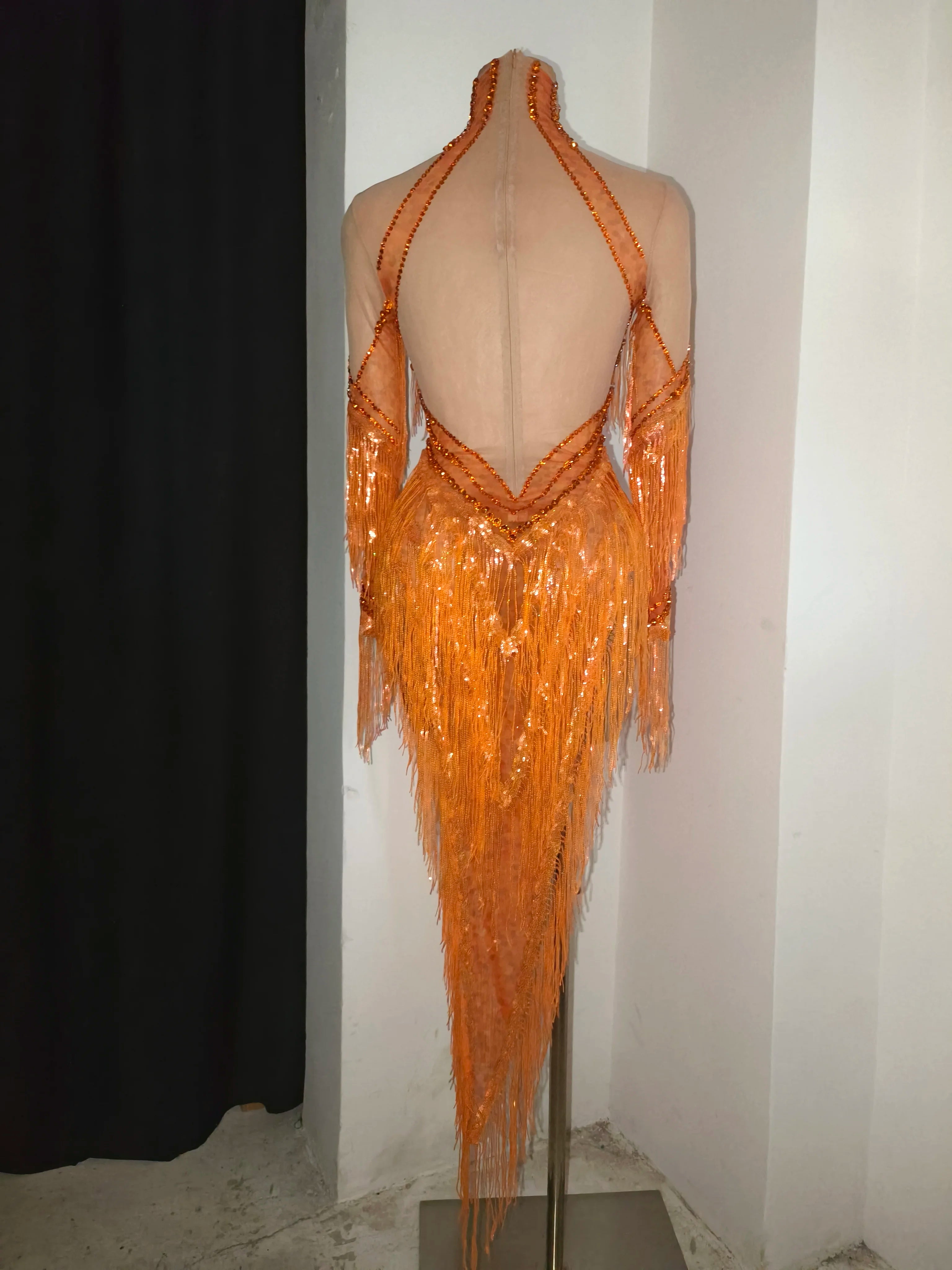 Orange Rhinestone Chain Tassel Sleeve Mesh Gown | Stage