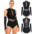 Sequin Leotard | Mock Neck & Mesh Waist | With Gloves