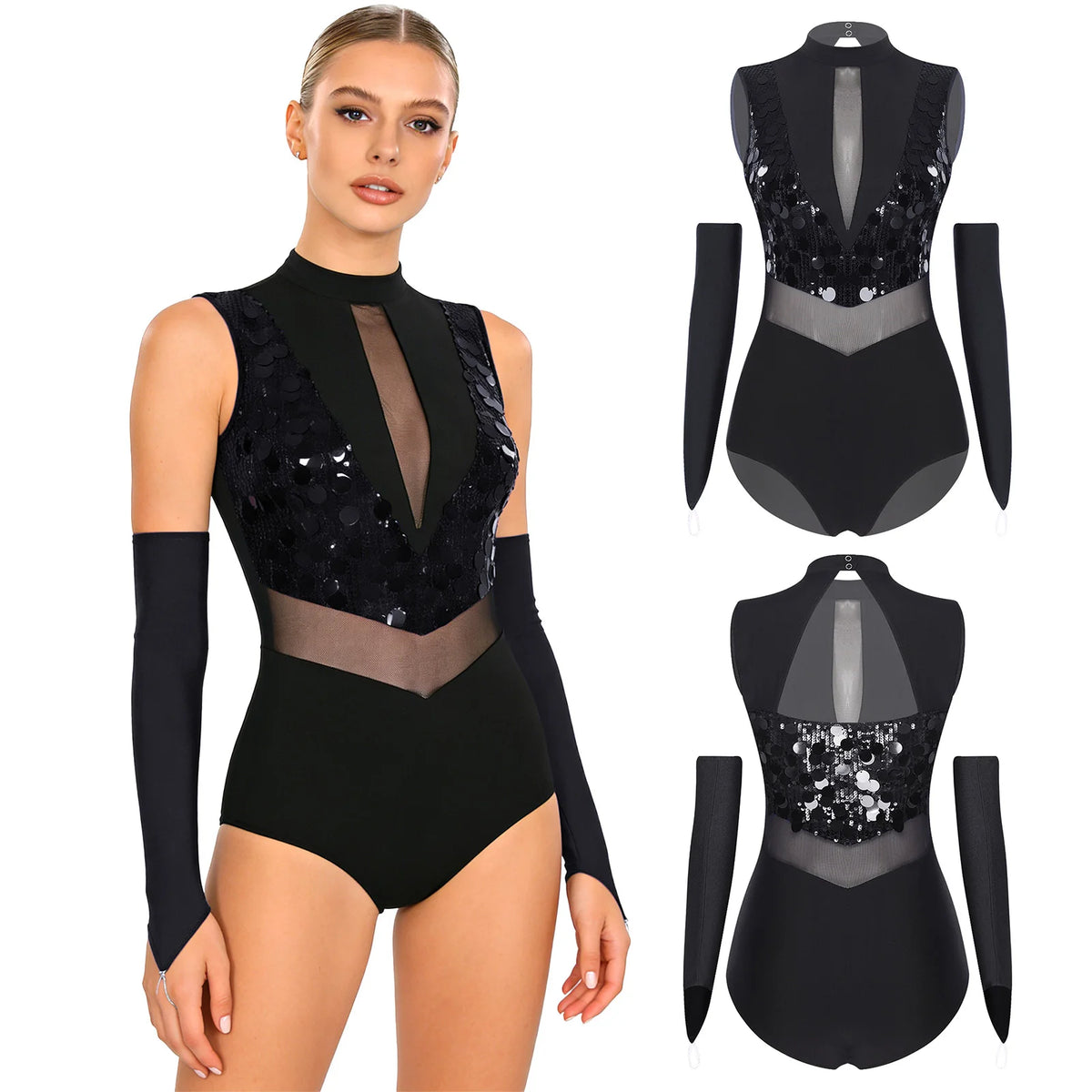 Sequin Leotard | Mock Neck & Mesh Waist | With Gloves