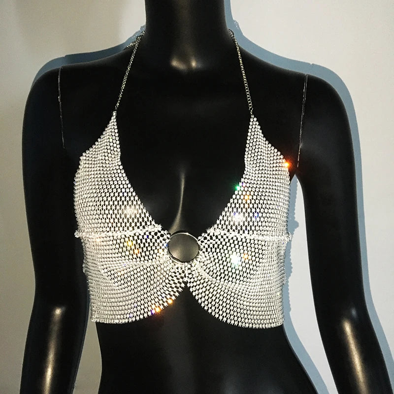 Crystal Fishnet Halter Crop Top - Metal Chain Push-Up Camisole for Stage