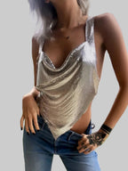 Metal Sequin Backless Crop Top - Deep V-Neck Party Camisole