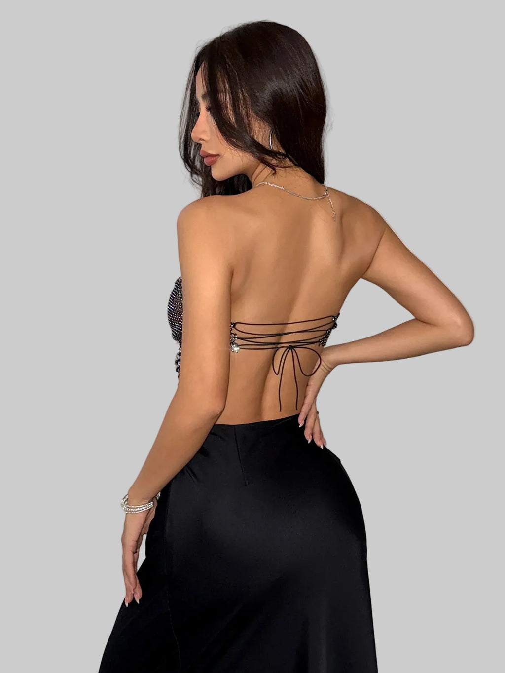 Rhinestone Mesh Bandage Tube Top - Backless Sheer Crop Top