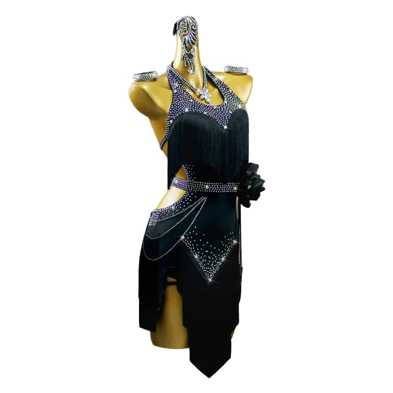 Black Latin Samba Dance Dress – Tassel & Ribbon Stage Costume