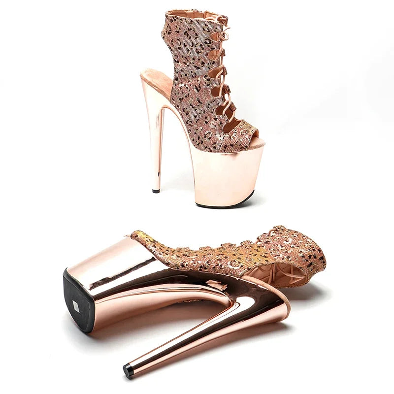 20cm Leopard Platform Pole Dancing Ankle Boots - 8 Inch High Heels