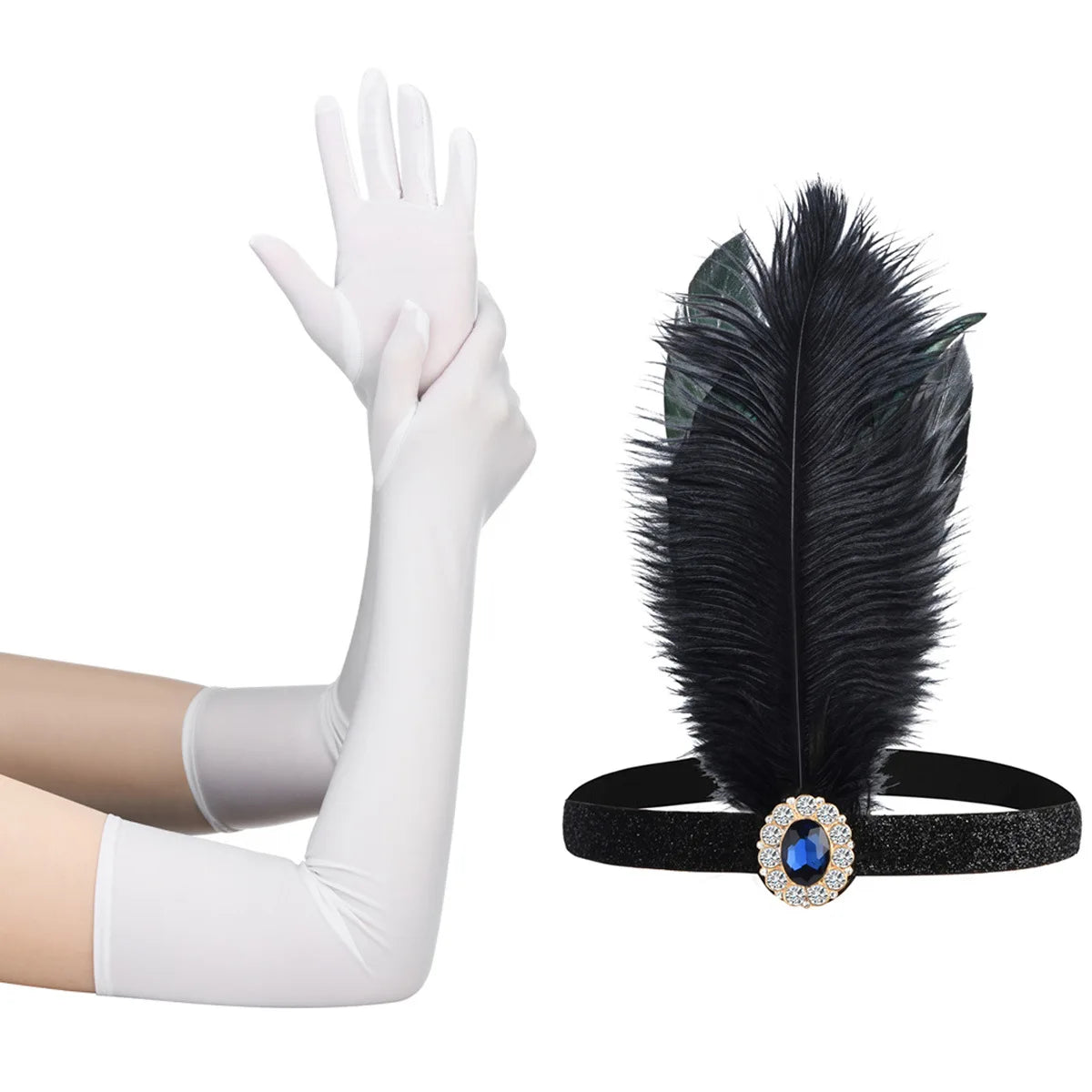 1920s Accessory Set | Feather Headband & Gloves