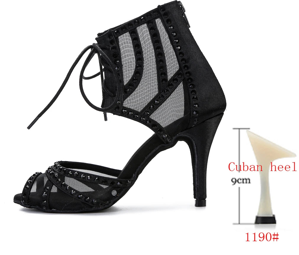 Women's Rhinestone Latin Dance Heels | Mesh & Satin | Stiletto