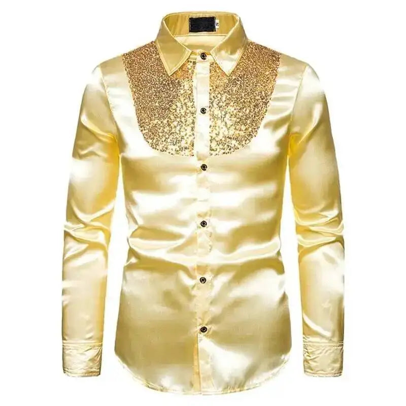 Men's Satin Sequin Shirt | Sequin Collar Panel | Stage