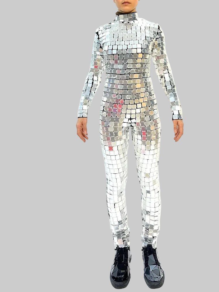Silver Mirror Stage Costume - Futuristic Long Sleeve Bodysuit for Gogo Dancers & Showgirls