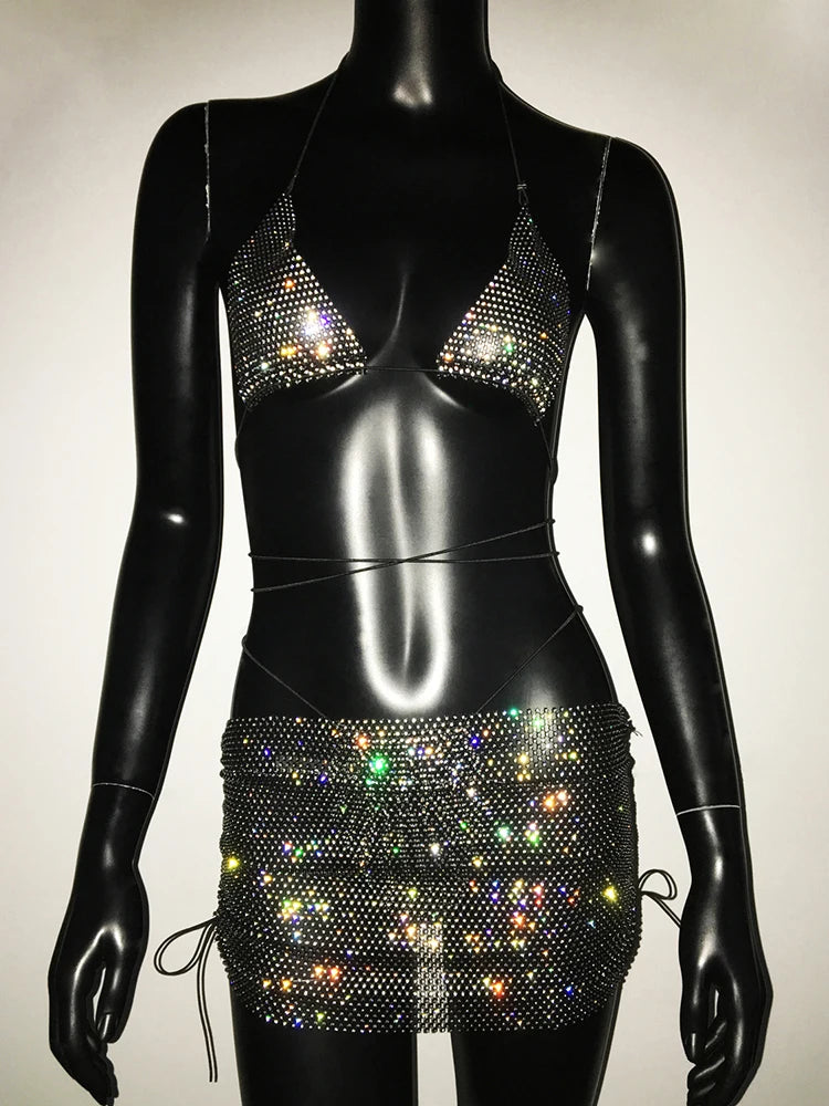 Rhinestone 3-Piece Set - Halter Bra, Mini Skirt & Bottoms