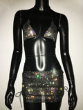 Rhinestone 3-Piece Set - Halter Bra, Mini Skirt & Bottoms