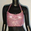 Rhinestone Sequin Halter Crop Top - Backless Metallic Strap Tank for Festival