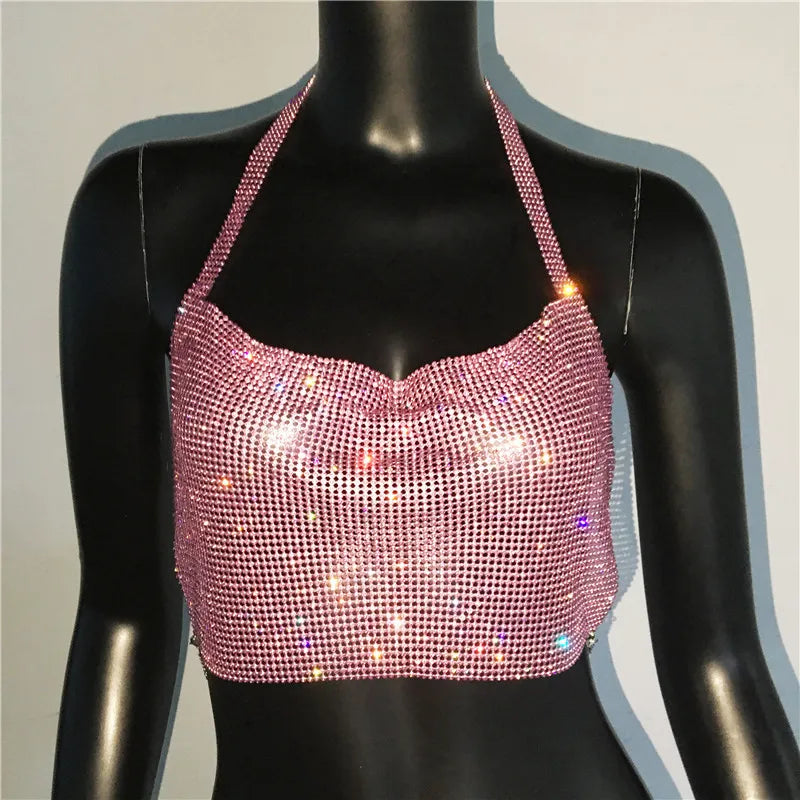 Rhinestone Sequin Halter Crop Top - Backless Metallic Strap Tank for Festival