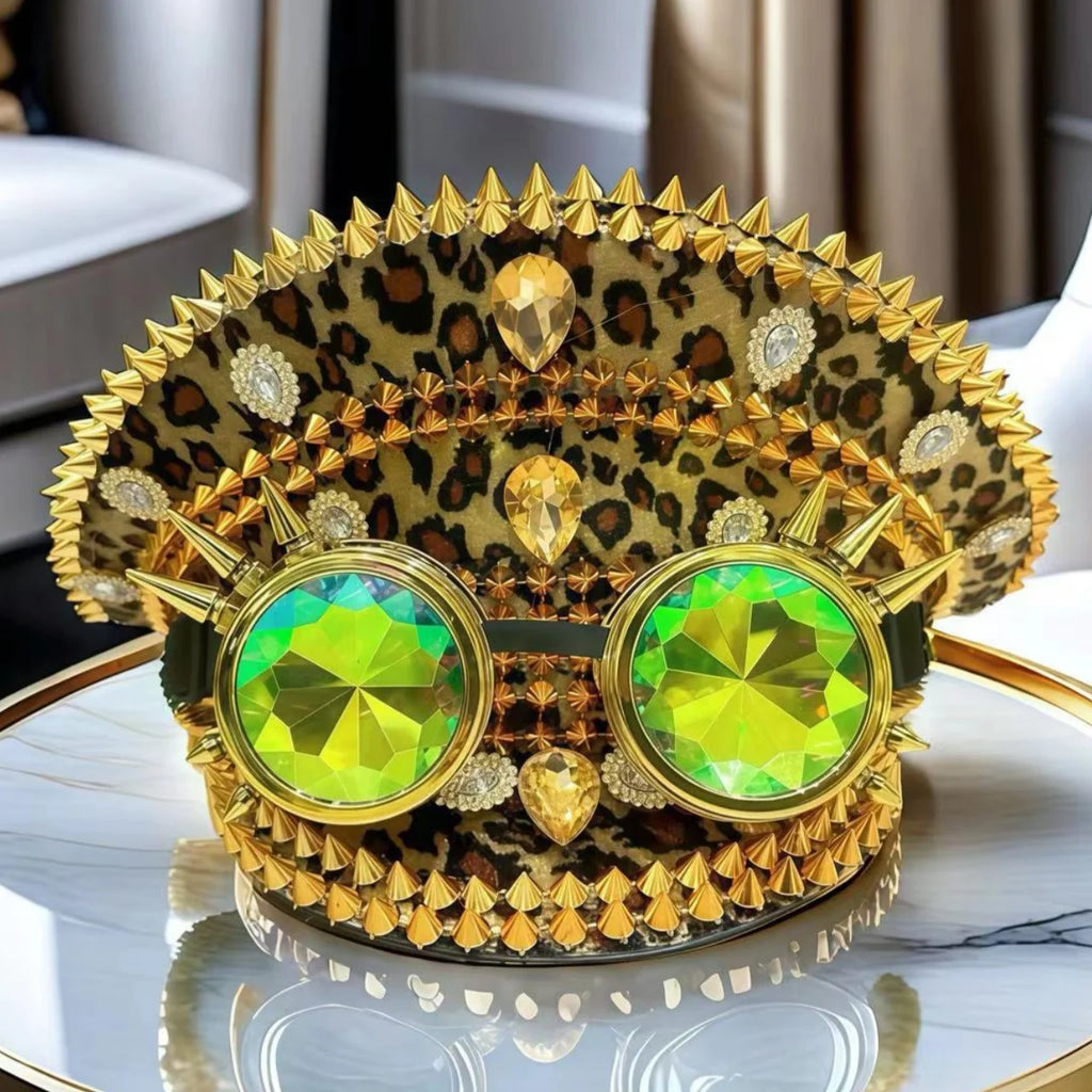 Steampunk Captain Hat | Leopard Print & Gold Goggles | Size 58/59