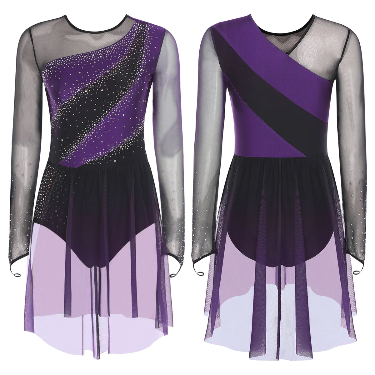 Rhinestone Sequin Leotard Dress | Mesh Long Sleeve | Gradient Skirt | Figure Skating