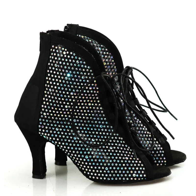 Rhinestone Latin Dance Boots | Black Mesh & Satin | Cuban Heel