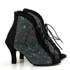 Rhinestone Latin Dance Boots | Black Mesh & Satin | Cuban Heel