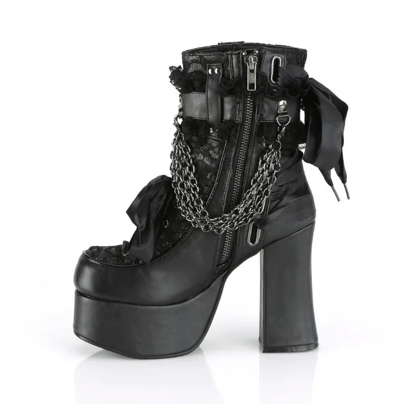 Gothic Chain Platform Ankle Boots | Lace-Up & Bow | Black & Red