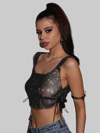 Rhinestone Mesh Fishnet Crop Top - Side Bandage Tank