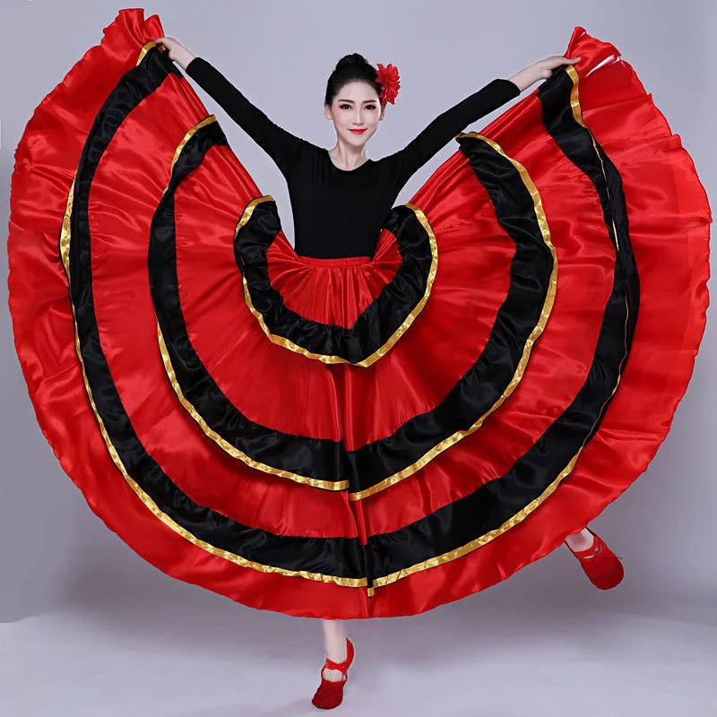 Satin Flamenco Skirt | Gold-Trim Ruffle | 360–720° Swing
