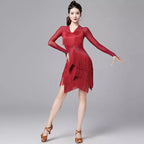 Latin Dance Fringe Dress | Rhinestone Mesh V-Neck