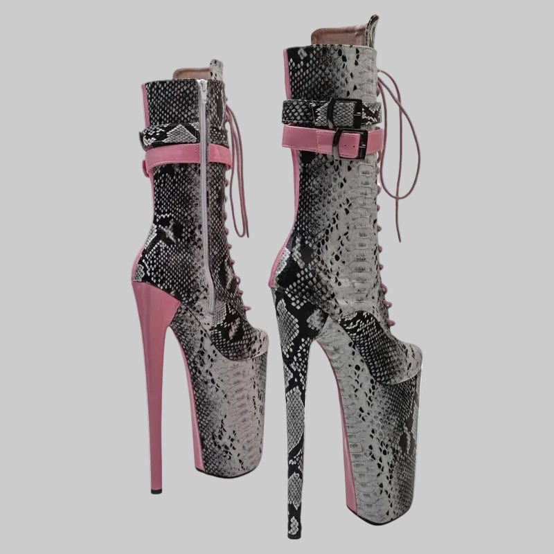 26CM Snakeskin Platform Pole Dance Boots - Exotic High Heel Performance Shoes
