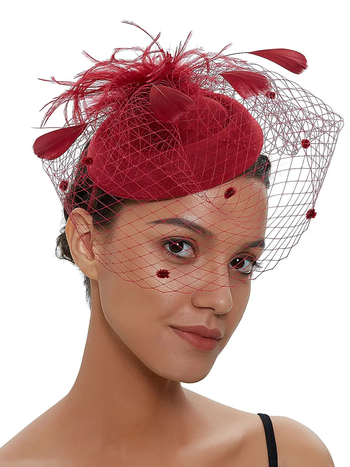Pillbox Fascinator Hat | Fishnet Veil & Feather | 11 Colors