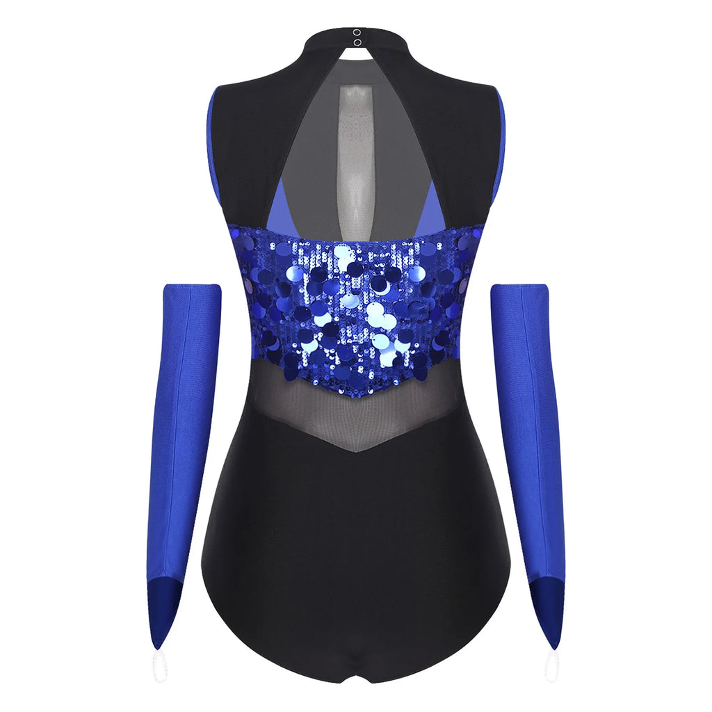 Sequin Leotard | Mock Neck & Mesh Waist | With Gloves