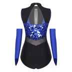 Sequin Leotard | Mock Neck & Mesh Waist | With Gloves