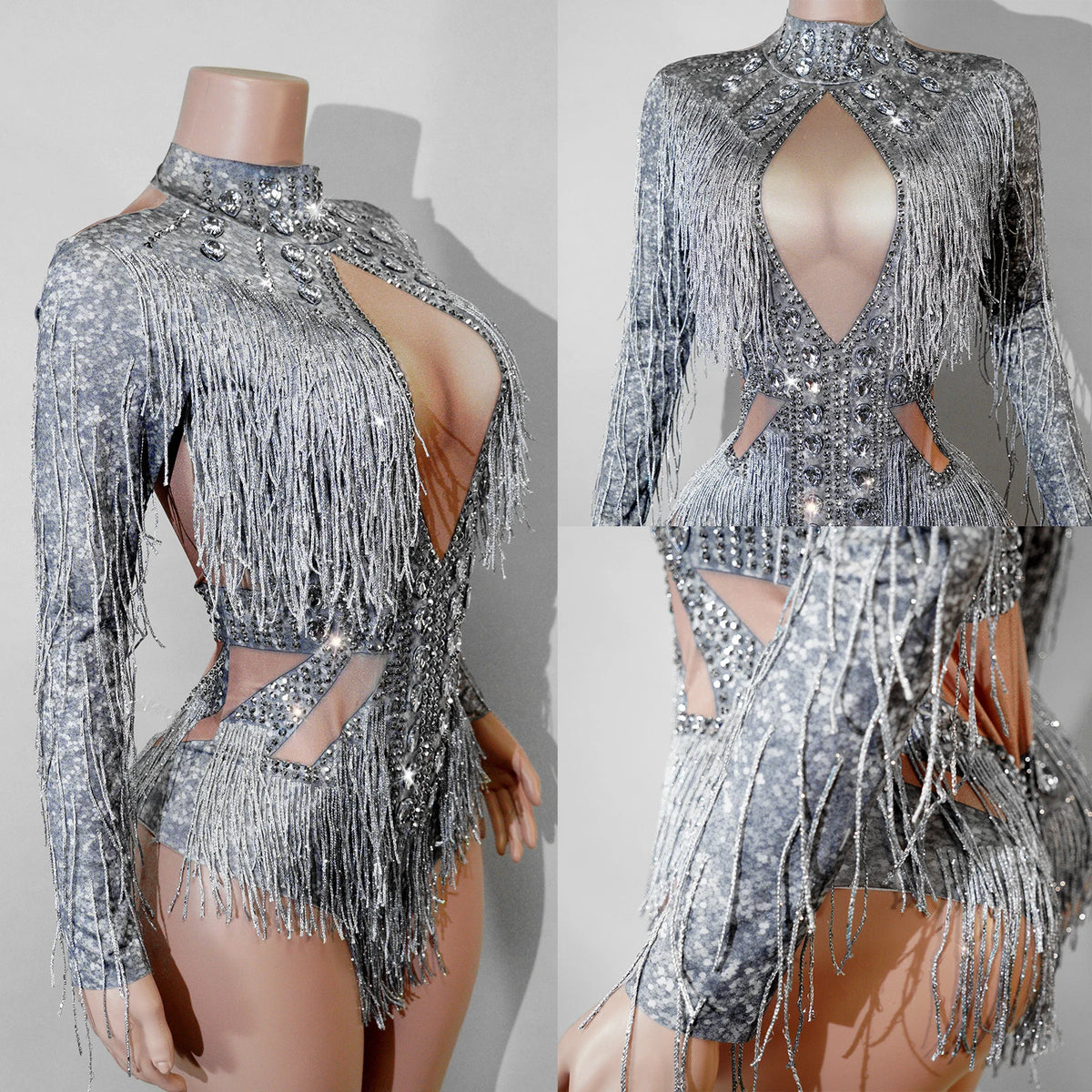 Stage Bodysuit | Long-Sleeve Rhinestone Fringe