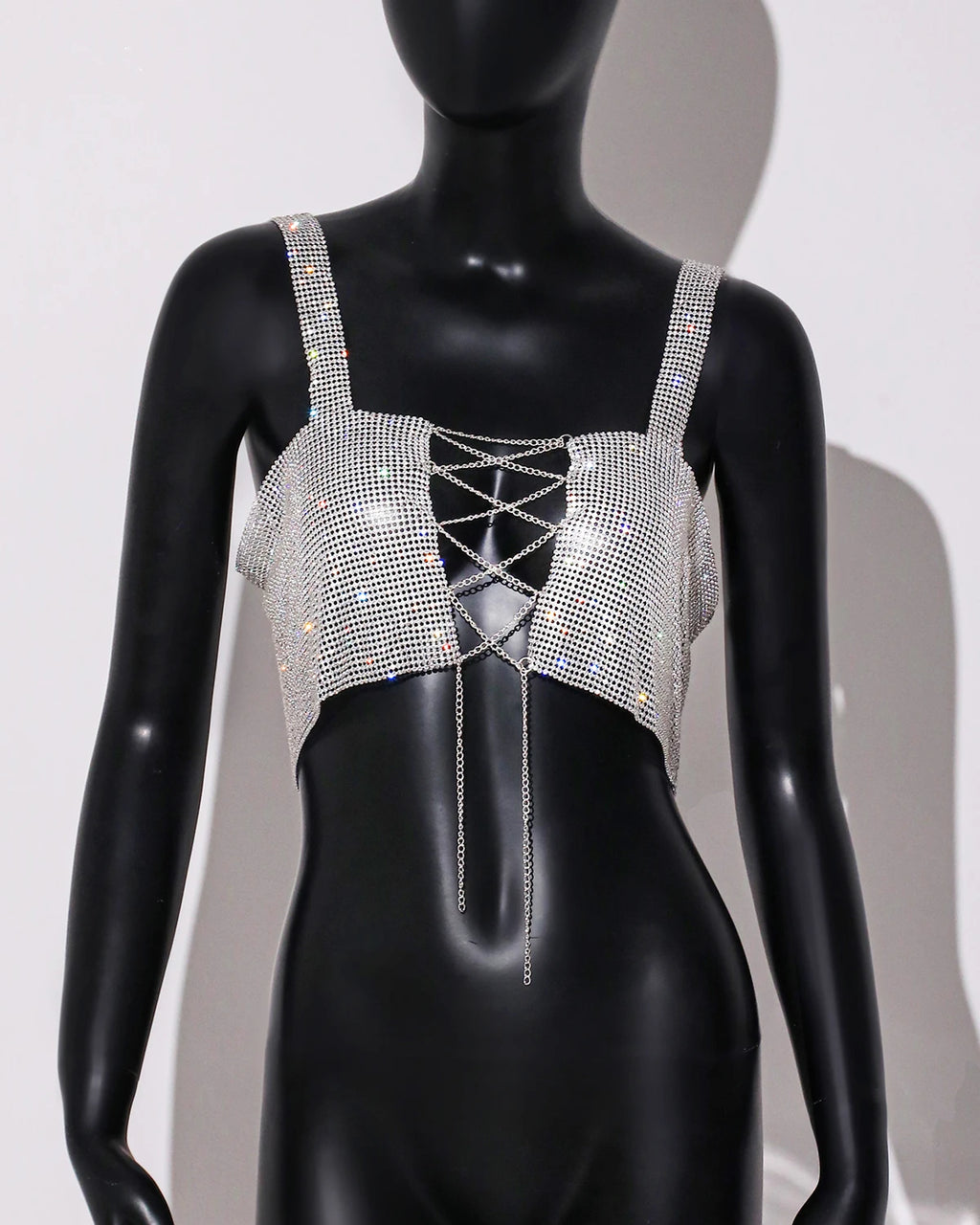 Rhinestone Metal Chain Crop Top - Backless V-Neck Camisole