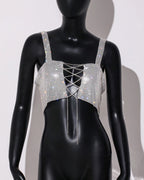 Rhinestone Metal Chain Crop Top - Backless V-Neck Camisole