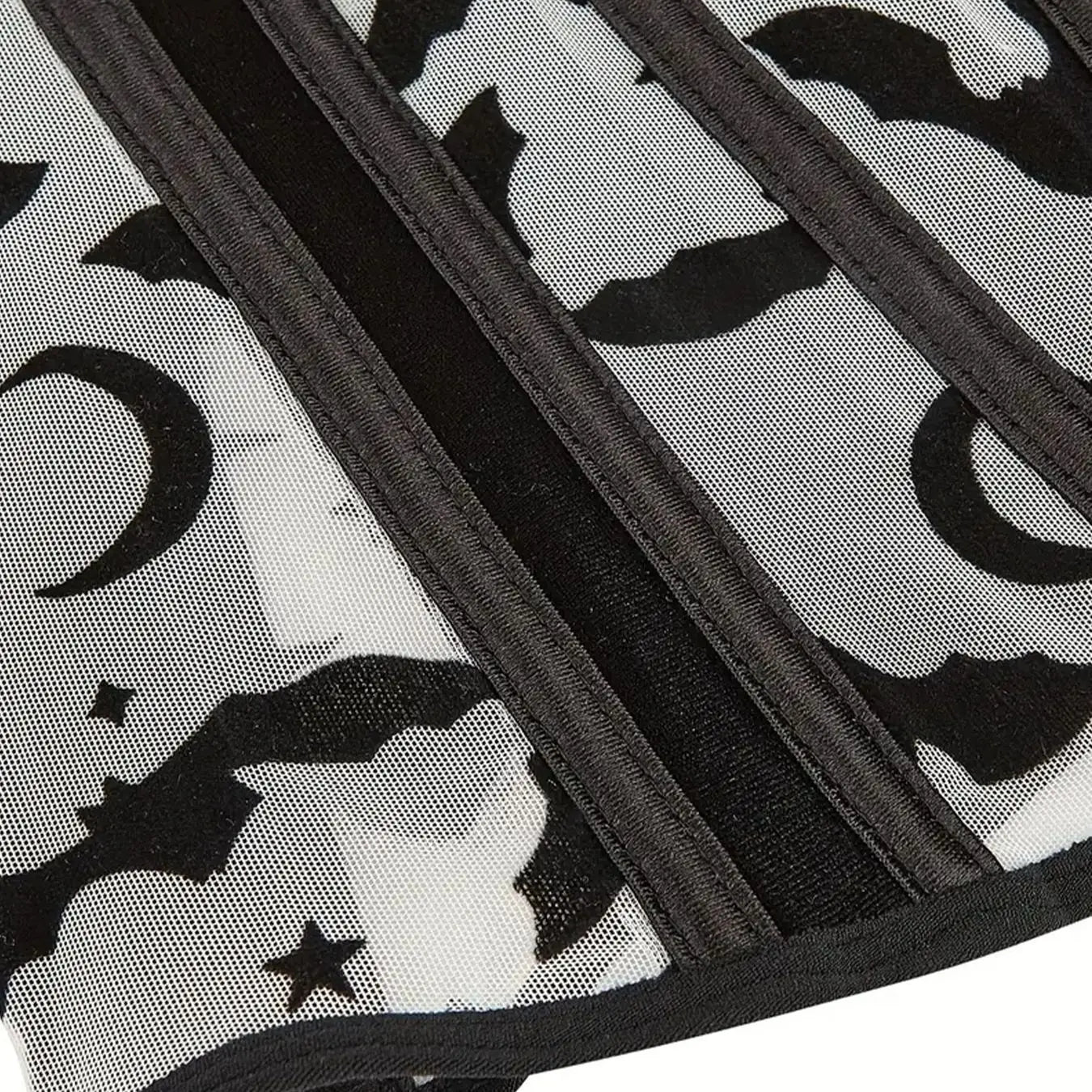Gothic Bat Print Mesh Corset | Boned Waist Cincher | Black