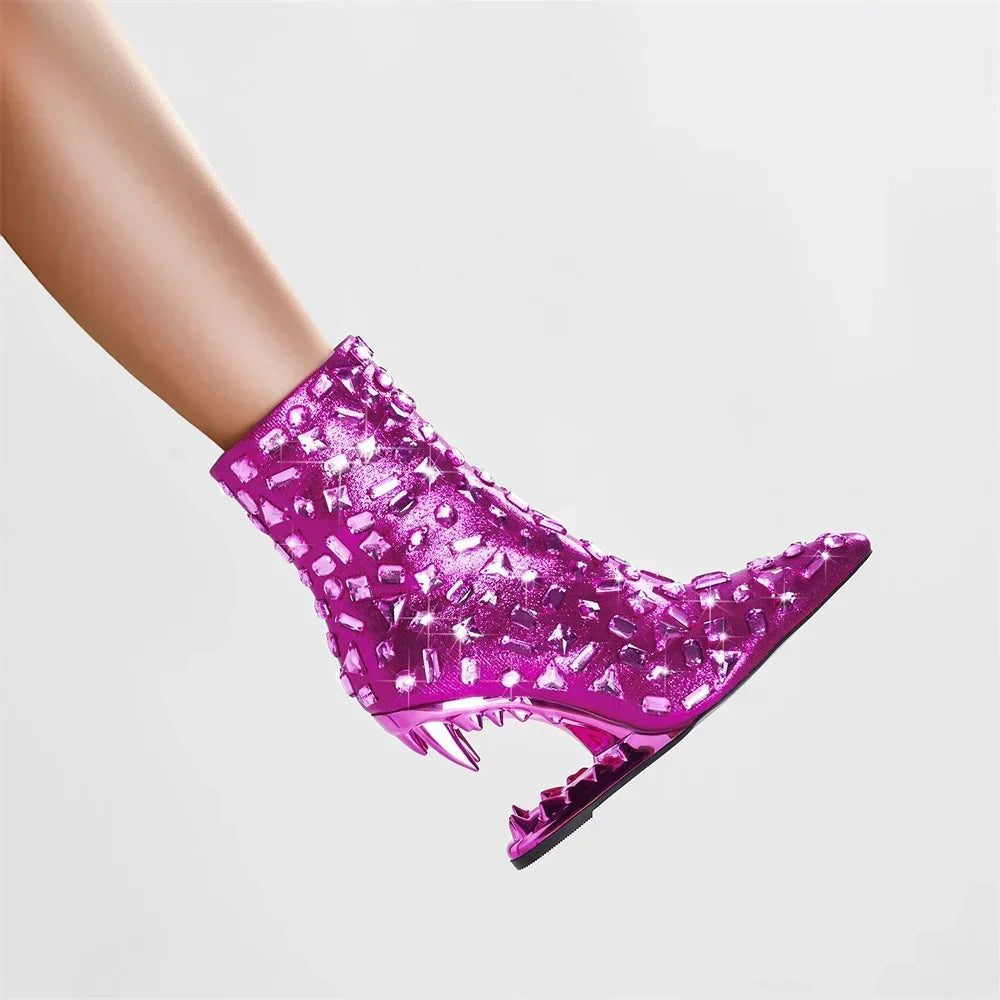 Flame Rhinestone Velvet Ankle Boots - Crystal Wedge Heel Boots