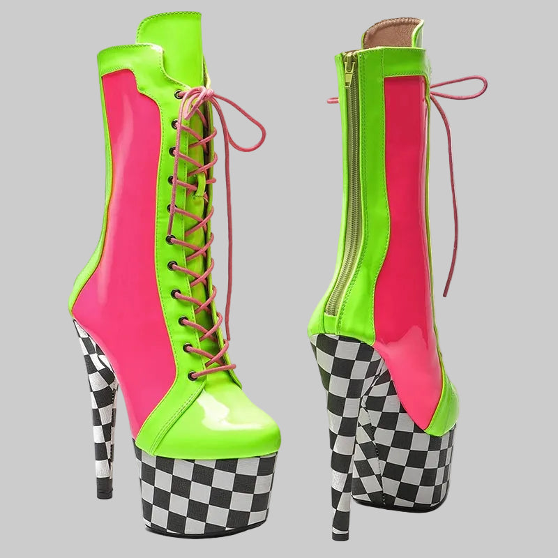 7-Inch Color Block Ankle Boots - Patent Platform Pole Dance Heels