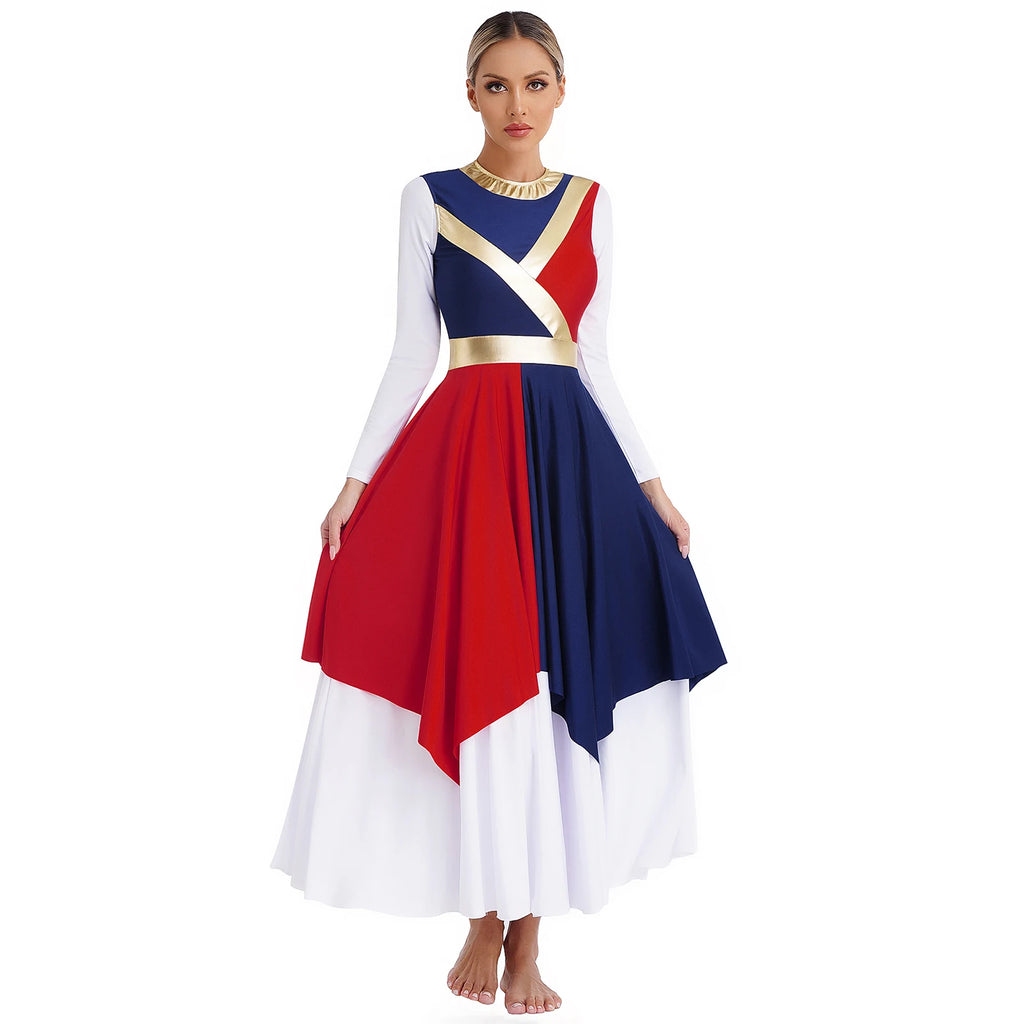 Color-Block Lyrical Dance Dress | Metallic Waist | Asymmetrical Hem | Sleeveless
