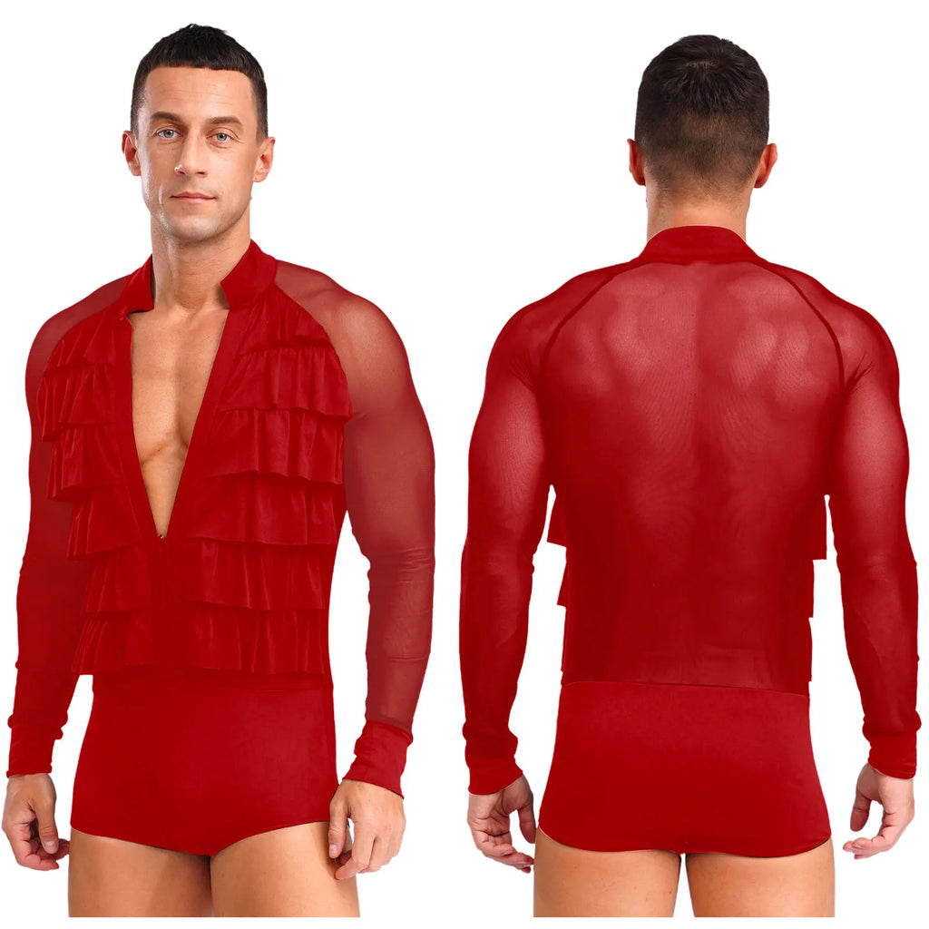Men's Latin Dance Bodysuit | Mesh Sleeves | Ruffle V-Neck